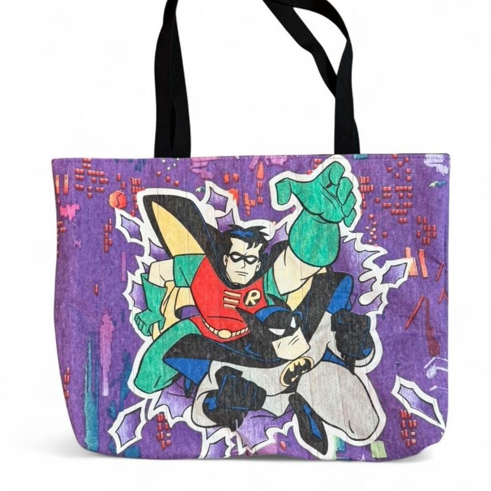 Vintage upcycled handmade Batman and Robin purple  quilted‎ tote bag